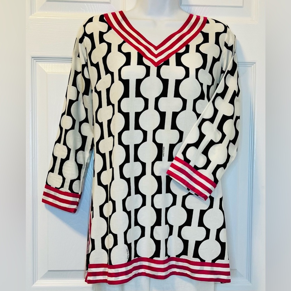 Gretchen Scott Women’s Black & White Cotton Tunic with Vibrant Pink Accents M